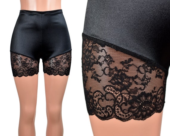 High-Waisted Black Satin Lace Leg Shorts (3.5" inseam) XS S M L XL 2XL 3XL plus size lingerie stretch lace trim short undershorts gothic