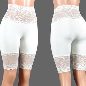 High-waisted White Stretch Lace Shorts XS S M L XL 2XL 3XL 4XL Plus Size  Bike Shorts Shorts With Lace Trim Cotton Spandex Undershorts 