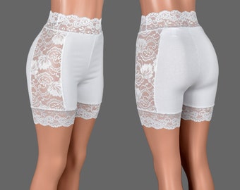 Größe S - Hohe Taille, weiße Spitze Seite Stretch Spitzen Shorts (5 ""Innenlänge / Mini Länge) Baumwolle Spandex Hochzeit transparente Seite."