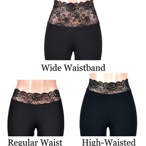 May include: Three pairs of black leggings with different waistband styles: wide, regular, and high-waisted. Each waistband features a black lace trim.
