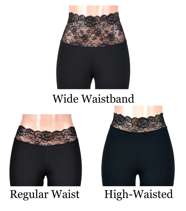 May include: Three pairs of black leggings with different waistband styles: wide, regular, and high-waisted. Each waistband features a black lace trim.