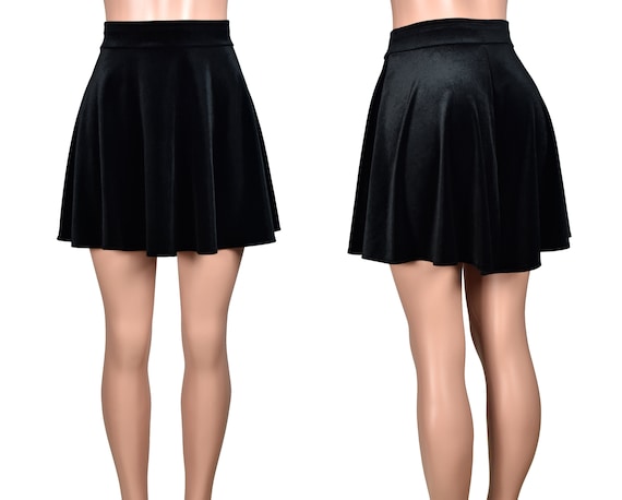 Black Stretch Velvet Skater Skirt mini Length Plus Size XS S M L XL 2XL 3XL Flared  Short Skirt High-waisted Gothic 17 to 19 Long 