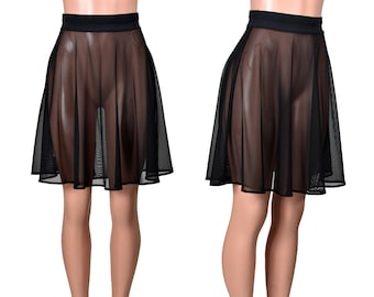Ready to Ship: Size Small Flared Black Mesh Knee Length Skater Skirt (21"+ Length) sheer see through lingerie high waisted gothic high-waist