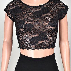 Black Stretch Lace Crop Top XS S M L 0X XL 2XL 3XL plus size goth gothic sheer see through shirt cap sleeve / great for layering image 4