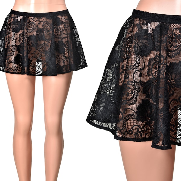 Black Stretch Lace Mini Skirt (11" long) XS S M L XL 2XL 3XL plus size lingerie swim cover-up sheer mini gothic circle skirt nylon spandex