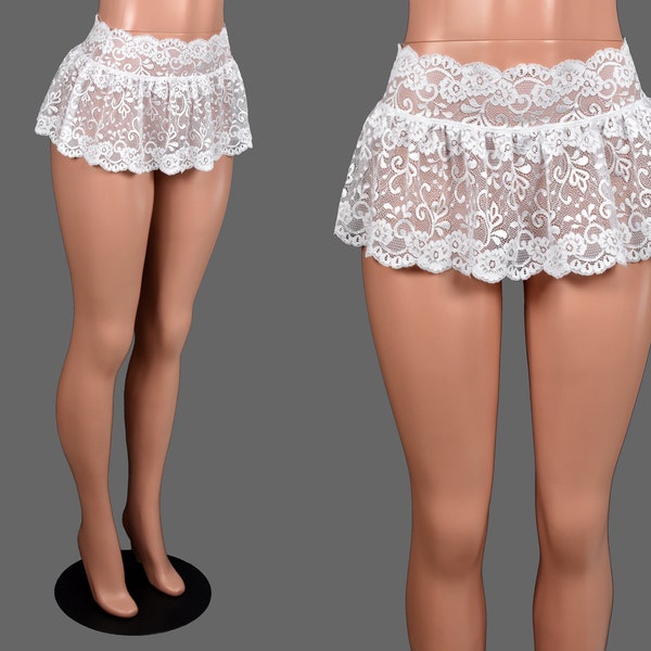 Ruffled White Lace Micro Mini Skirt (9" Length) XS S M L xl 2xl 3x 4x plus size stretch sheer wedding lingerie short low rise scalloped hem