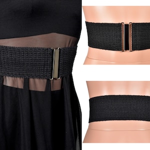 Black Elastic Waist Belt with Flat Silver Buckle (3&quot; wide) stretch XS S M L 0X XL 2X 3X 4X plus size vintage-style wide retro nurse belt