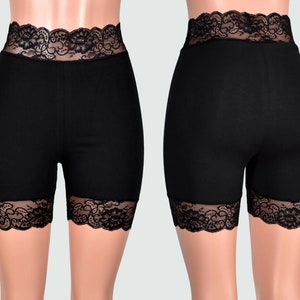 Organic Cotton Spandex High-Waisted Black Stretch Lace Shorts (5&quot; Inseam/Mini Length) XS S M L XL 2XL 3XL plus size bike shorts goth stretch