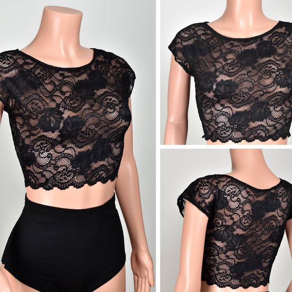 Black Stretch Lace Crop Top XS S M L 0X XL 2XL 3XL plus size goth gothic sheer see through shirt cap sleeve / great for layering