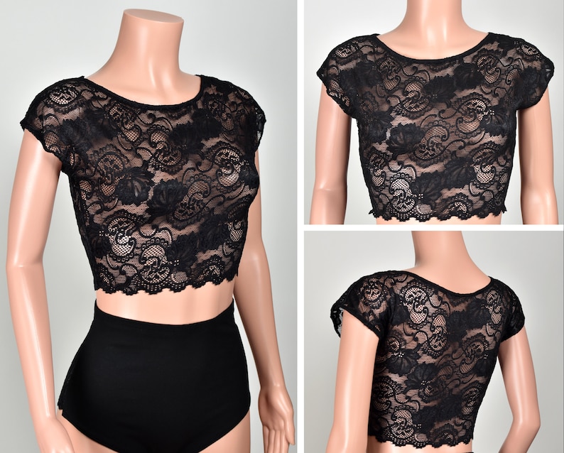 Black Stretch Lace Crop Top XS S M L 0X XL 2XL 3XL Plus Size Etsy