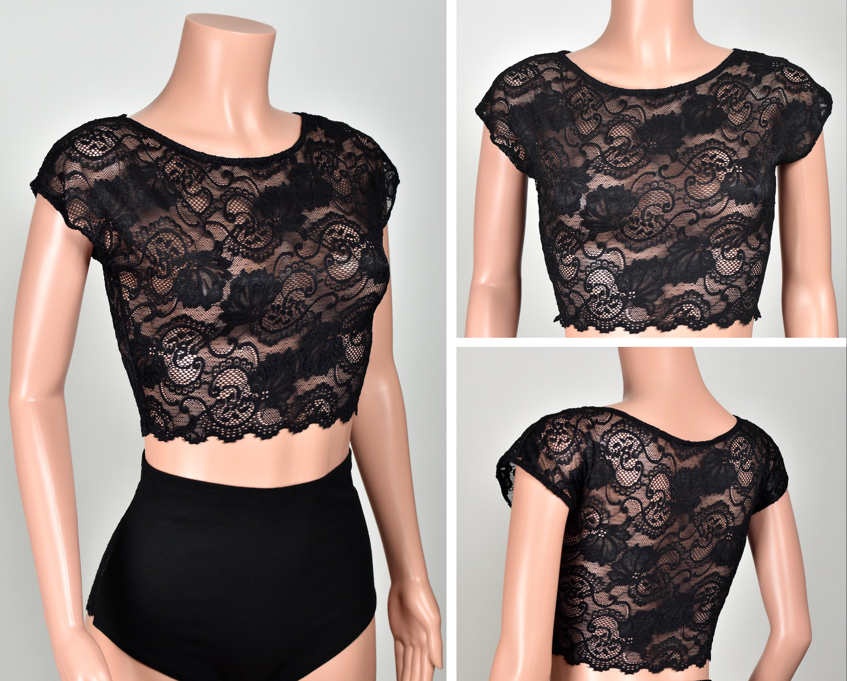  Black Sheer Elastic Floral Lace Bandeau Top, Size XS to XL :  Handmade Products