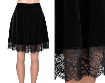 Lace Trim Black Stretch Velvet Skater Skirt plus size XS S M L XL 2XL 3XL flared short skirt | high-waisted | gothic lace hem | 20-22" long