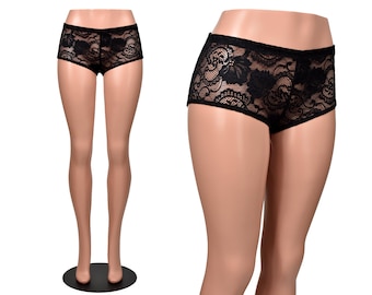 Pantalones cortos negros de encaje elástico, tallas XS, S, M, L, XL, 2XL, 3XL, lencería gótica transparente, ropa interior de tiro bajo, cintura baja, poliéster y spandex.