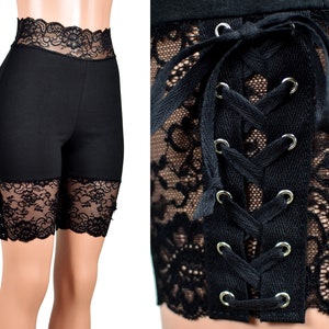 Black Lace-Up Stretch Lace Shorts XS S M L XL 2XL 3XL plus size  high waist corset lacing side lace cotton spandex undershort goth gothic