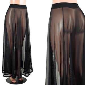 Falda larga de malla negra transparente, talla XS, S, M, L, XL, 2XL, 3XL, talla grande, lencería, acampanada, tela elástica, falda gótica fluida de 40&quot; de largo, transparente, sexy