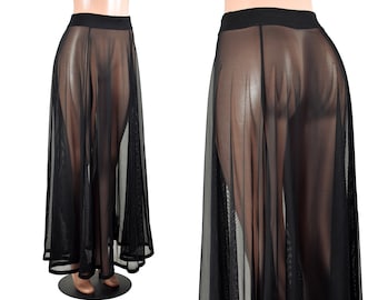 Sale: maat 2XL pure zwarte mesh maxi-rok 40" lange plus-size lingerie uitlopende stretchstof vloeiende gotische rok doorschijnend sexy
