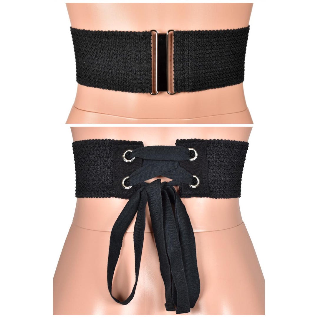 Lace-up Grommet Black Elastic Waist Belt + Flat Silver  display picture 1