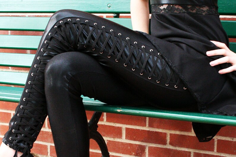 Shiny Metallic Black Lace-Up Leggings