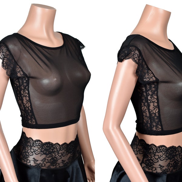 Ready to Ship: size 3XL Black Mesh Lace Side Panel Crop Top plus size gothic sheer see through shirt cap sleeve / lace sleeve / layering top