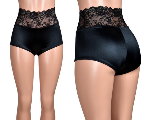 High-waisted Black Stretch Satin and Lace Booty Shorts XS S M L XL 2XL 3XL  Plus Size Lingerie Short High Rise Underwear Undies Nylon Spandex -  UK