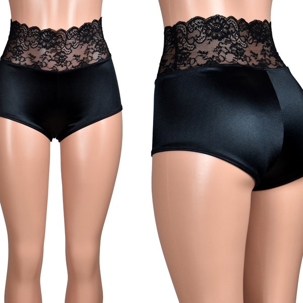 High-Waisted Black Stretch Satin and Lace Booty Shorts XS S M L XL 2XL 3XL plus size lingerie short high rise underwear undies nylon spandex