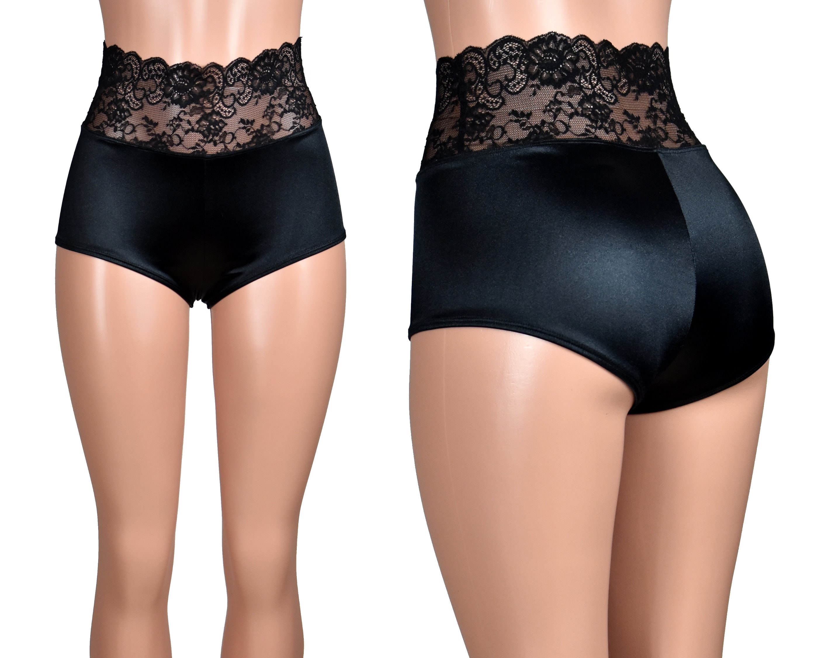High-waisted Black Stretch Satin and Lace Booty Shorts XS S M L XL