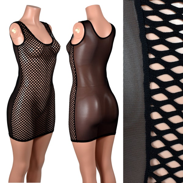 Black Fishnet Front / Mesh Back Bodycon Mini Dress XS S M L 0X XL 2XL 3XL plus size lingerie sleeveless tank top stretch sheer see-through