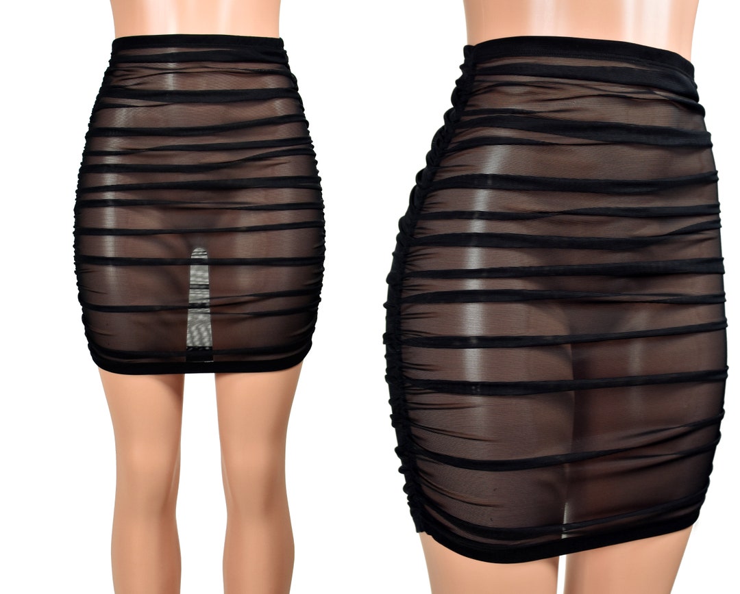 Ruched Black Mesh Mini Skirt Size XS S M L XL 2X 3X Plus Size