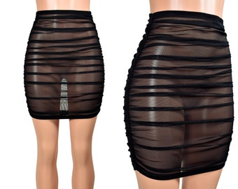 Ruched Black Mesh Mini Skirt size XS S M L XL 2X 3X plus size sheer see through spandex short bodycon gothic pencil skirt lingerie