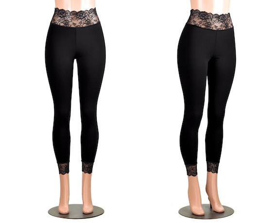 Black Cotton Spandex Lace-waist Leggings XS S M L XL 2XL 3XL 4XL