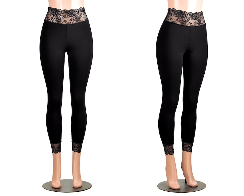 May include: Black leggings with a lace waistband and lace trim at the bottom of the legs.