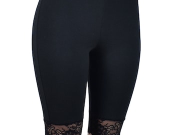 Knee Length High-waisted Black Stretch Lace Shorts Plus Size Goth