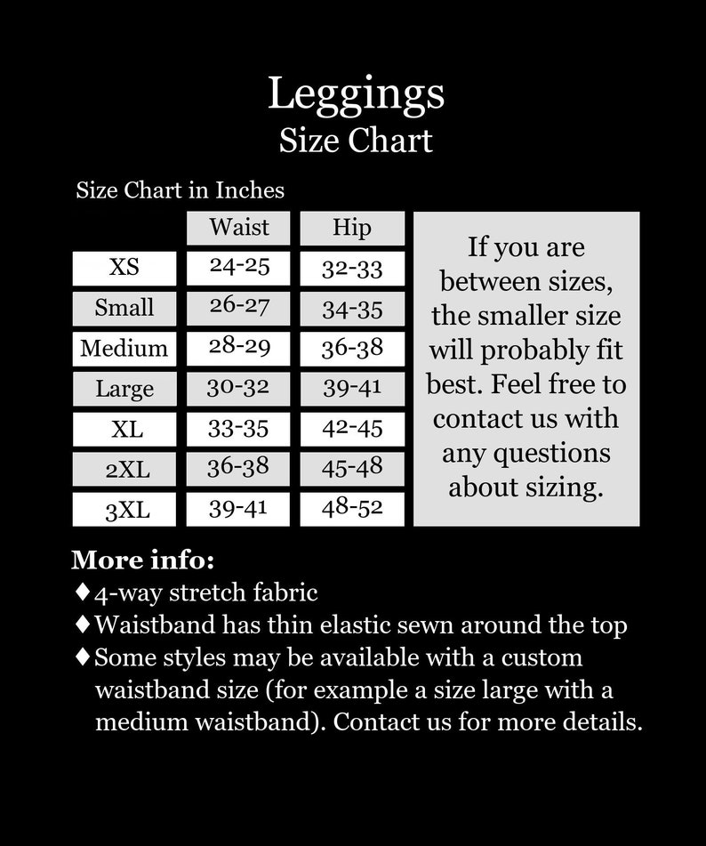Op de afbeelding: Leggings maattabel in inches, met de taille- en heupmaten voor maten XS tot 3XL. De tabel bevat ook informatie over het bepalen van de juiste maat tussen maten en contactgegevens voor vragen.