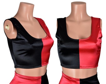 Schwarz Rot Satin Harley Cropped Tank Top plus Größe xs s m l xl 2xl 3xl Halloween Kostüm Cosplay glänzend Stretch ärmelloses Shirt Spandex