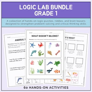 Puede incluir: Un paquete de Logic Lab para el primer grado, con actividades prácticas. La imagen muestra hojas de trabajo con acertijos, rompecabezas y juegos mentales. Las hojas de trabajo incluyen el texto "What Doesn't Belong?" y "Who's Who?" con ilustraciones.