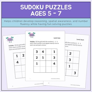May include: Sudoku puzzles for ages 5-7. The image shows three pages with Sudoku grids. The text on the pages reads "Level: Easy" and "Level: Hard". The puzzles help children develop reasoning and number fluency.