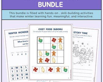 May include: A Winter Activity Bundle with the text "WINTER ACTIVITY BUNDLE". The bundle includes printable pages with activities like a Cozy Food Sudoku, a Winter Wonder secret message, and a Story Time coloring page. The pages feature winter-themed illustrations.