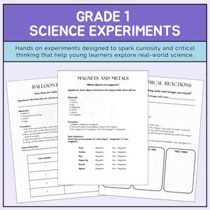 May include: A set of Grade 1 science experiment worksheets. The worksheets cover topics like magnets, metals, and chemical reactions. The text includes instructions, materials, and data collection sections for each experiment.