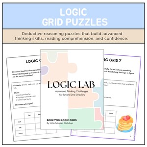 Puede incluir: Imagen de libros de Logic Grid Puzzle para jóvenes estudiantes. La portada del libro dice "Logic Lab" y "Advanced Thinking Challenges". La imagen también muestra páginas de muestra con rompecabezas lógicos y una cuadrícula para resolverlos.