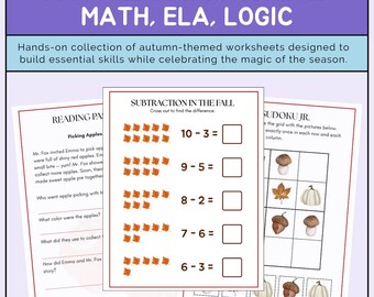 Kindergarten - Grade 1 | Fall Learning Workbook | Math, Reading, Writing & Logic Activities | Printable PDF