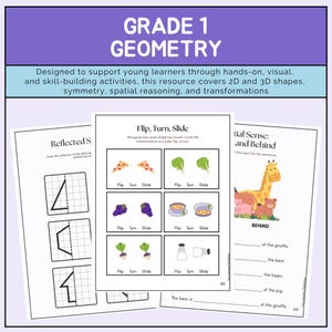 Geometriarbetsbok för årskurs 1 | 2D- och 3D-former, symmetri, rumslig känsla | Utskrivbar PDF