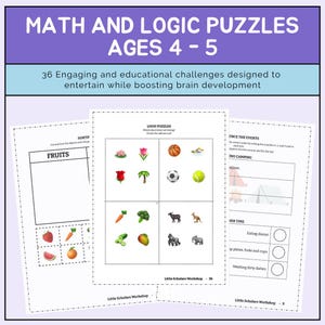 Op de afbeelding: Een werkboek getiteld "Math and Logic Puzzles" voor kinderen van 4-5 jaar. De omslag is paars met witte tekst. Binnenin staan pagina's met sorteeractiviteiten, logische puzzels en volgorde-oefeningen.