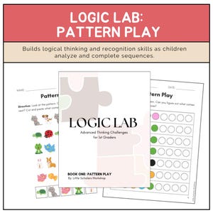 May include: An educational workbook titled 'Logic Lab: Pattern Play' for 1st graders. The cover has a puzzle piece design. The workbook contains pattern recognition exercises with colourful illustrations of animals and shapes.