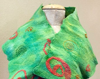 Green with Orange Merino Wool Felted Shawl