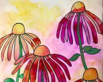 Razzle Dazzle Coneflowers Original One of a Kind Alcohol Ink Painting