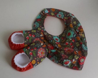 Grey/Floral Scarf Bib and Soft Shoe Gift Set(0-6 Months) - READY TO SHIP!