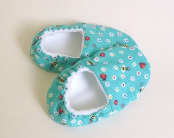 Flowers, Bees and Lady Bugs - Soft Shoes, Crib Shoes, Slippers, Booties, Baby, Toddler, Infant - MADE TO ORDER
