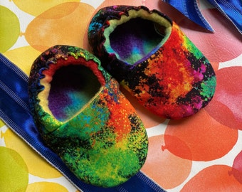 Rainbow Paint Splatter Soft Shoes, Slippers, Booties, Crib Shoes MADE TO ORDER, Baby, Infant, Toddler