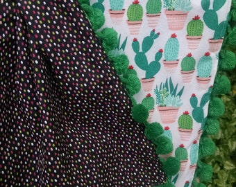 Double sided cactus receiving blanket with pop pom trim - Decor - Nursery - Baby