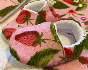 Strawberries on Pink (flannel) - Soft Shoes /Slippers - MADE TO ORDER